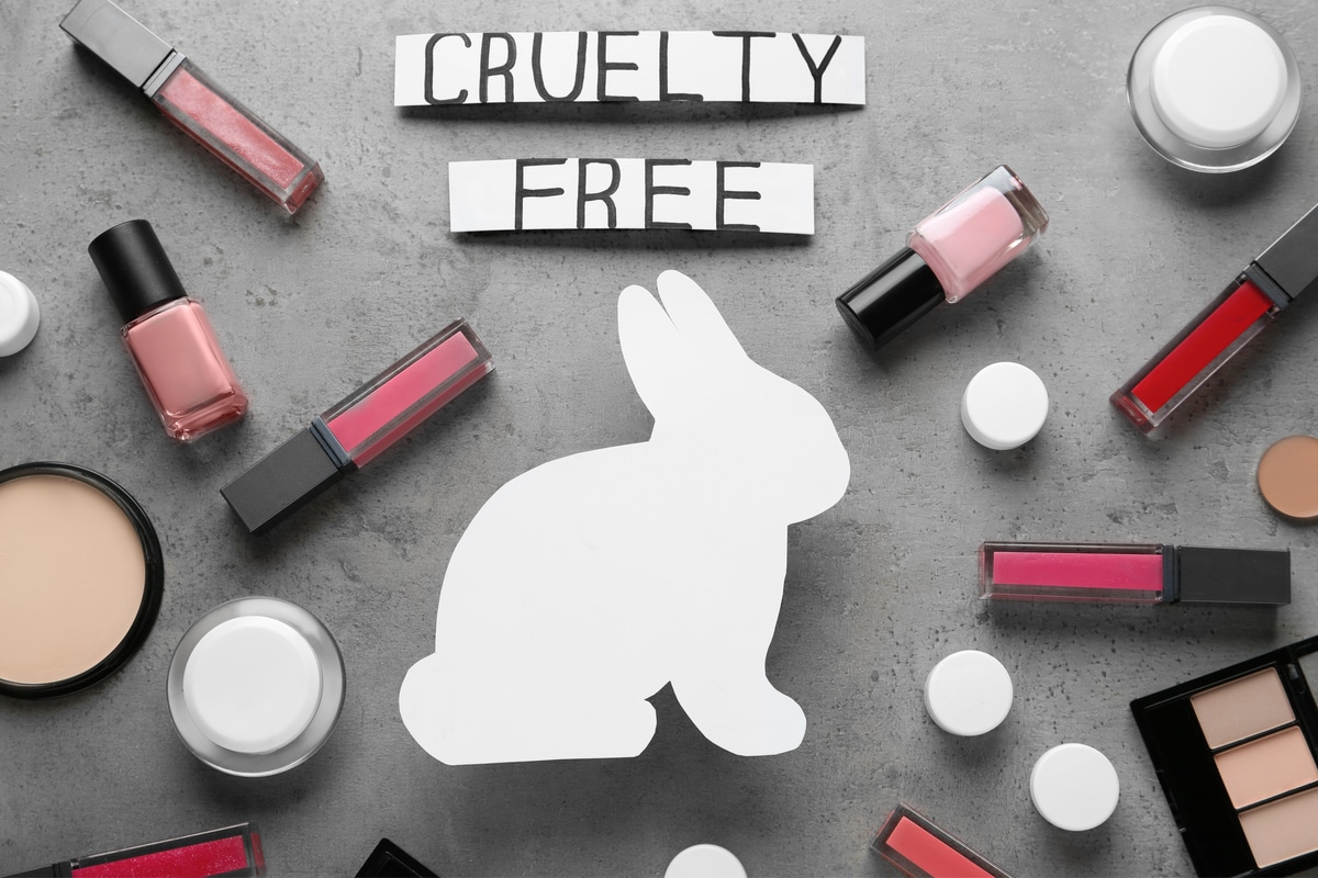 Ombre de lapin au milieu de cosmétiques : mascara, rouge à lèvres, fard....