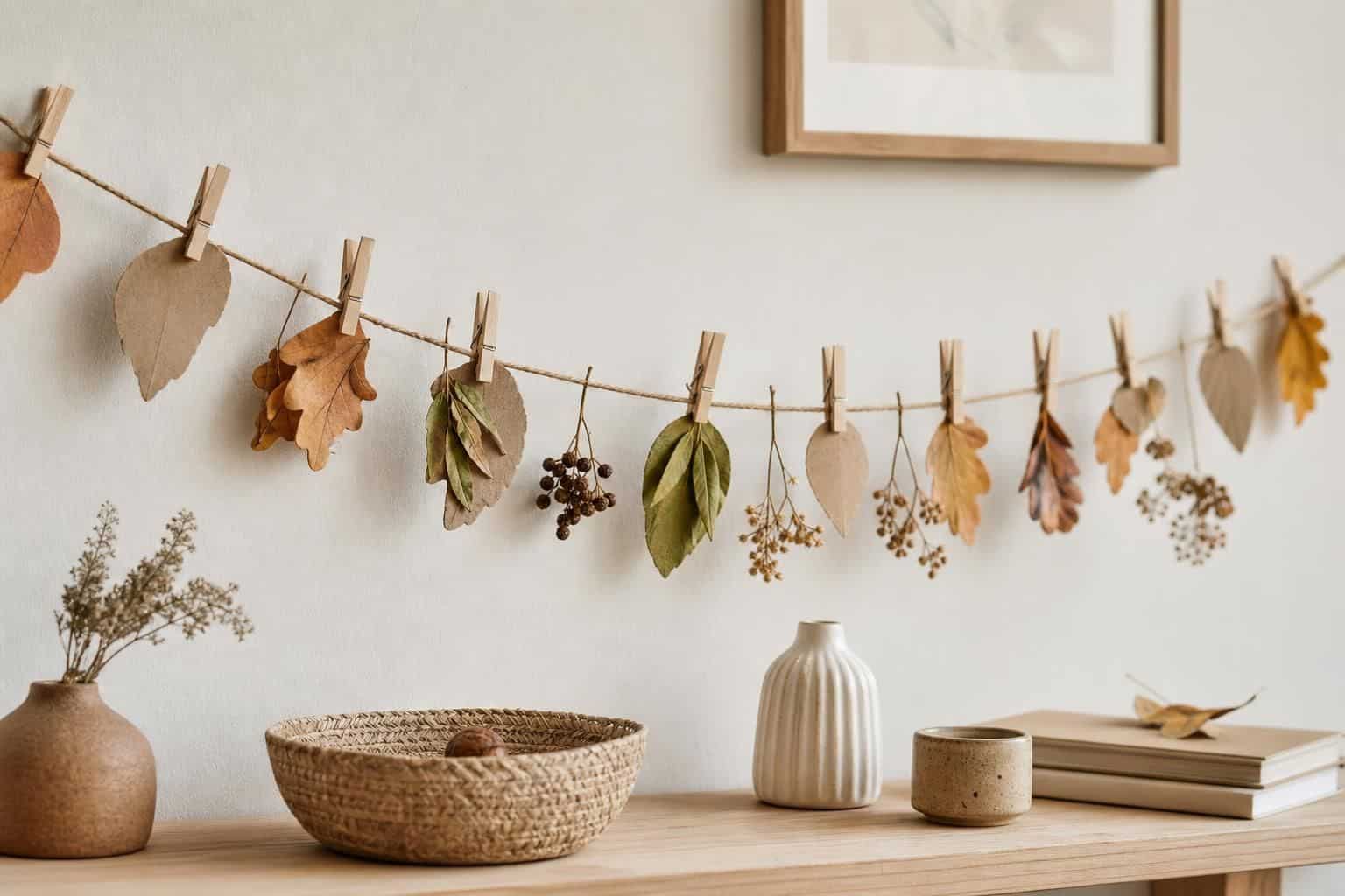 Guirlande de feuilles sèches et carton suspendue au-dessus d’une étagère claire