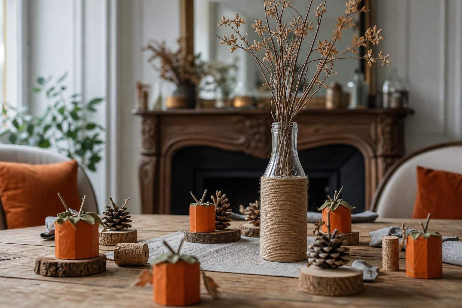 Petites courges en rouleaux peints et bouteille entourée de ficelle