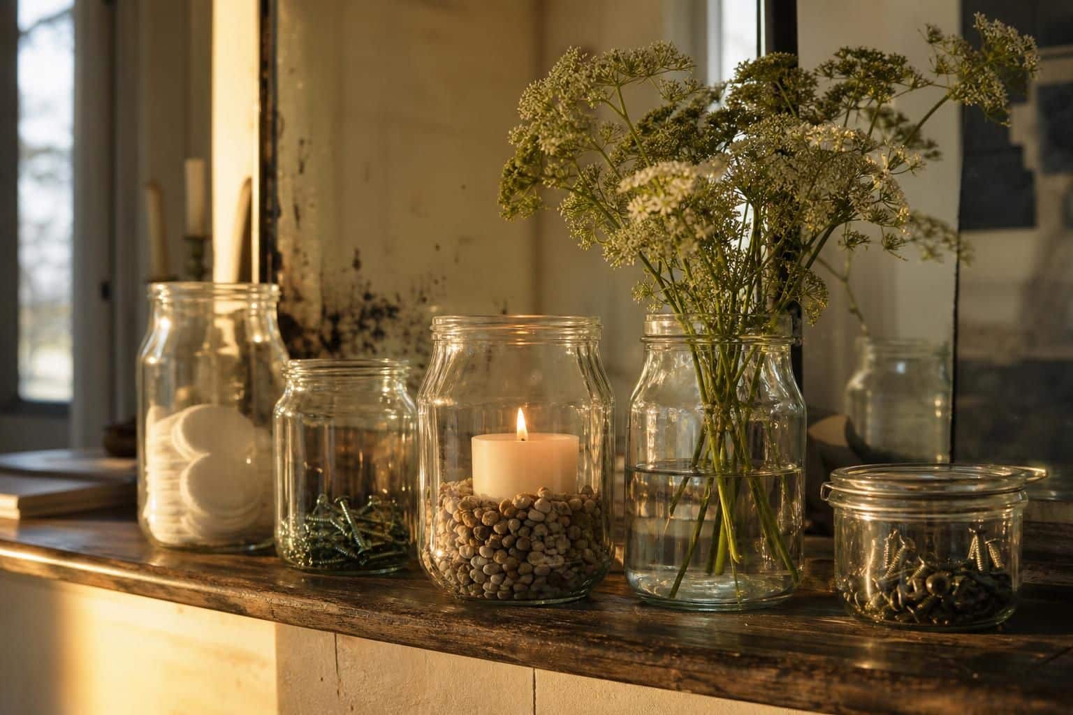 Bocaux réemployés sur une étagère avec bougie, fleurs et petits objets