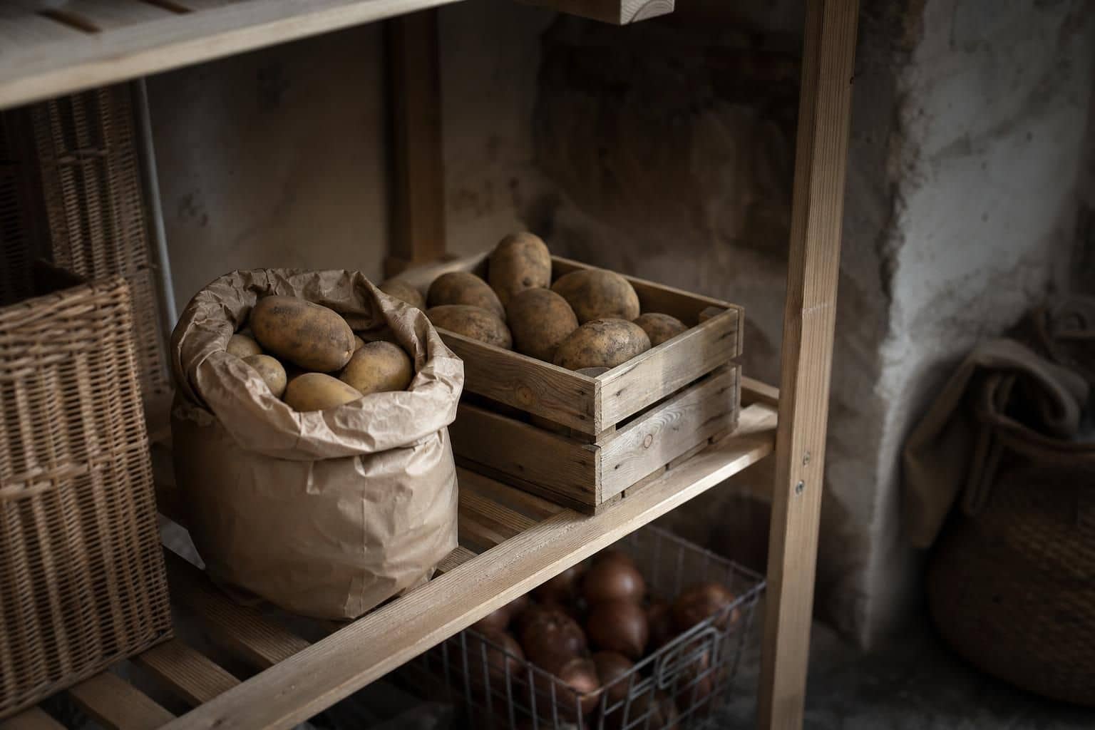 Pommes de terre stockees dans un sac en papier sur etagere