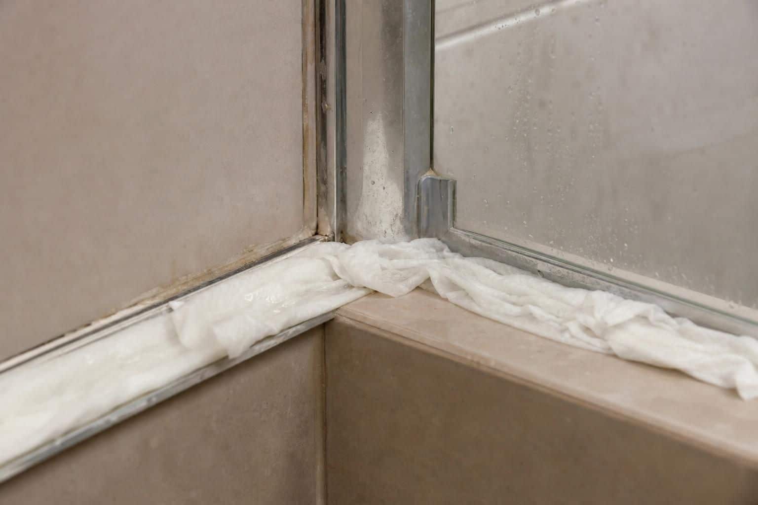 Papier imbibé posé dans le rail de douche sur des dépôts blancs