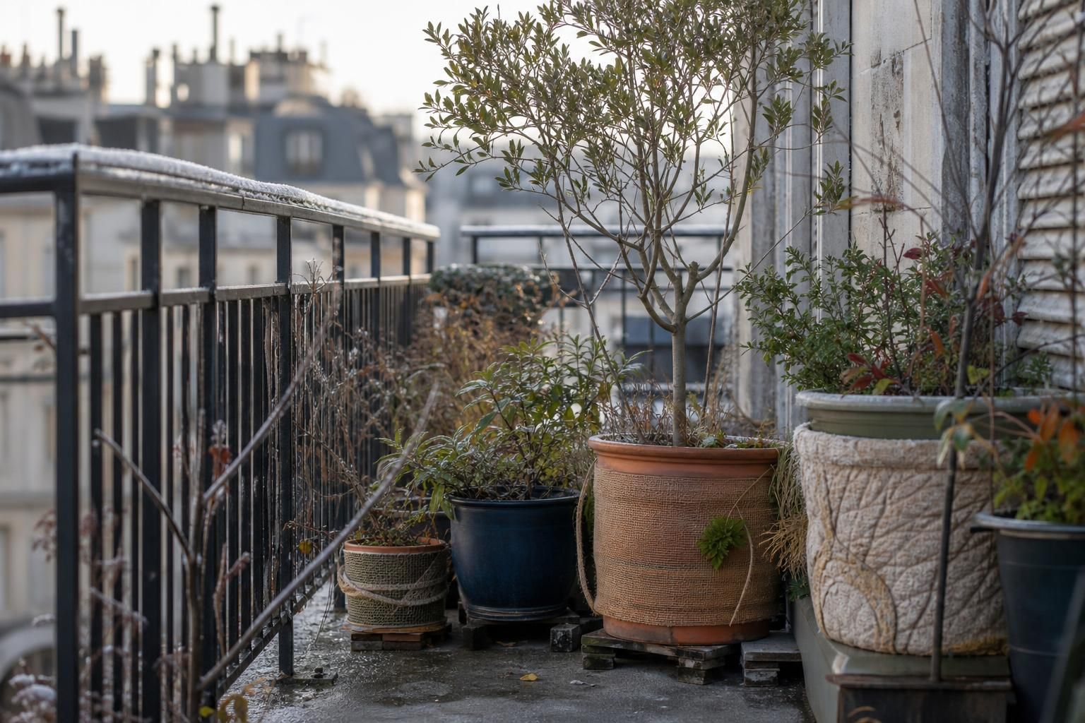 Un balcon passe mieux les premières gelées avec pots isolés et plantes regroupées