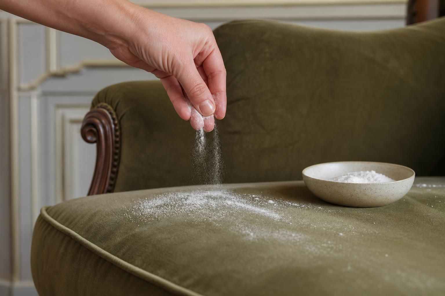 Main qui saupoudre du bicarbonate sur une assise en velours