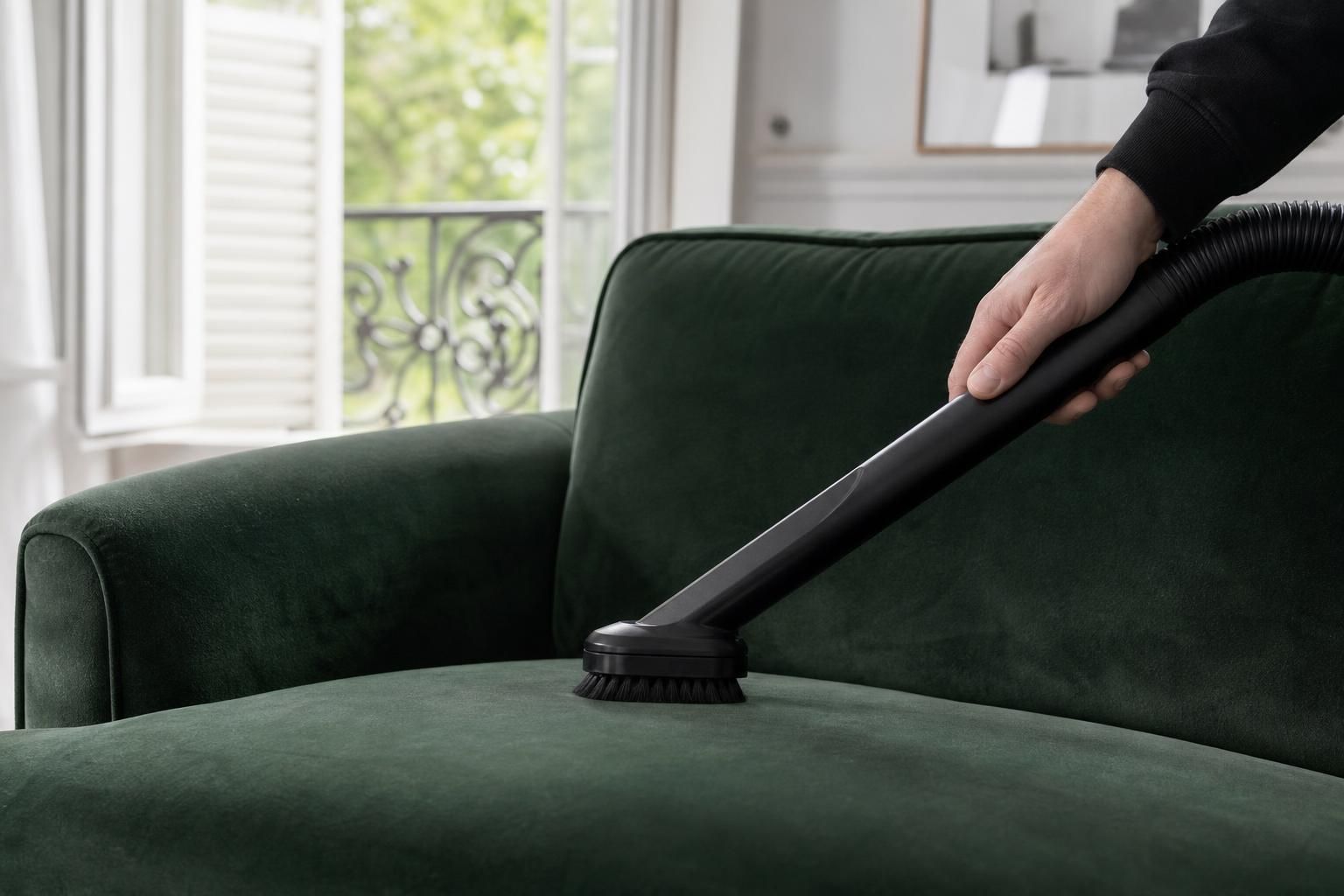 Brosse textile d’aspirateur passée sur un canapé en velours