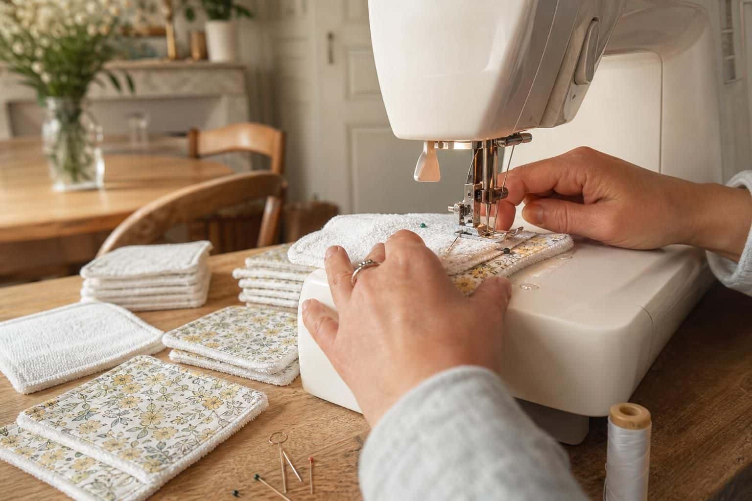 Petites lingettes cousues en coton et éponge près d une machine