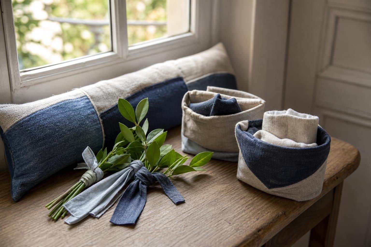 Boudin de porte et liens en tissu posés sur un banc