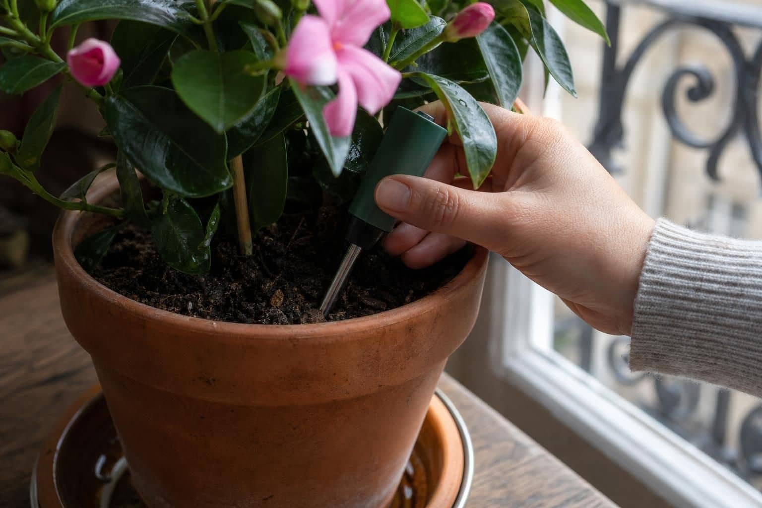 Main qui vérifie l’humidité du terreau dans un pot de dipladénia