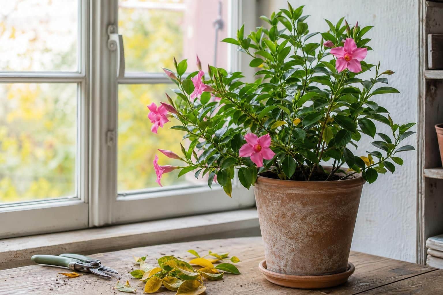 Pot de dipladénia taillé près d’une fenêtre avec feuilles jaunes retirées