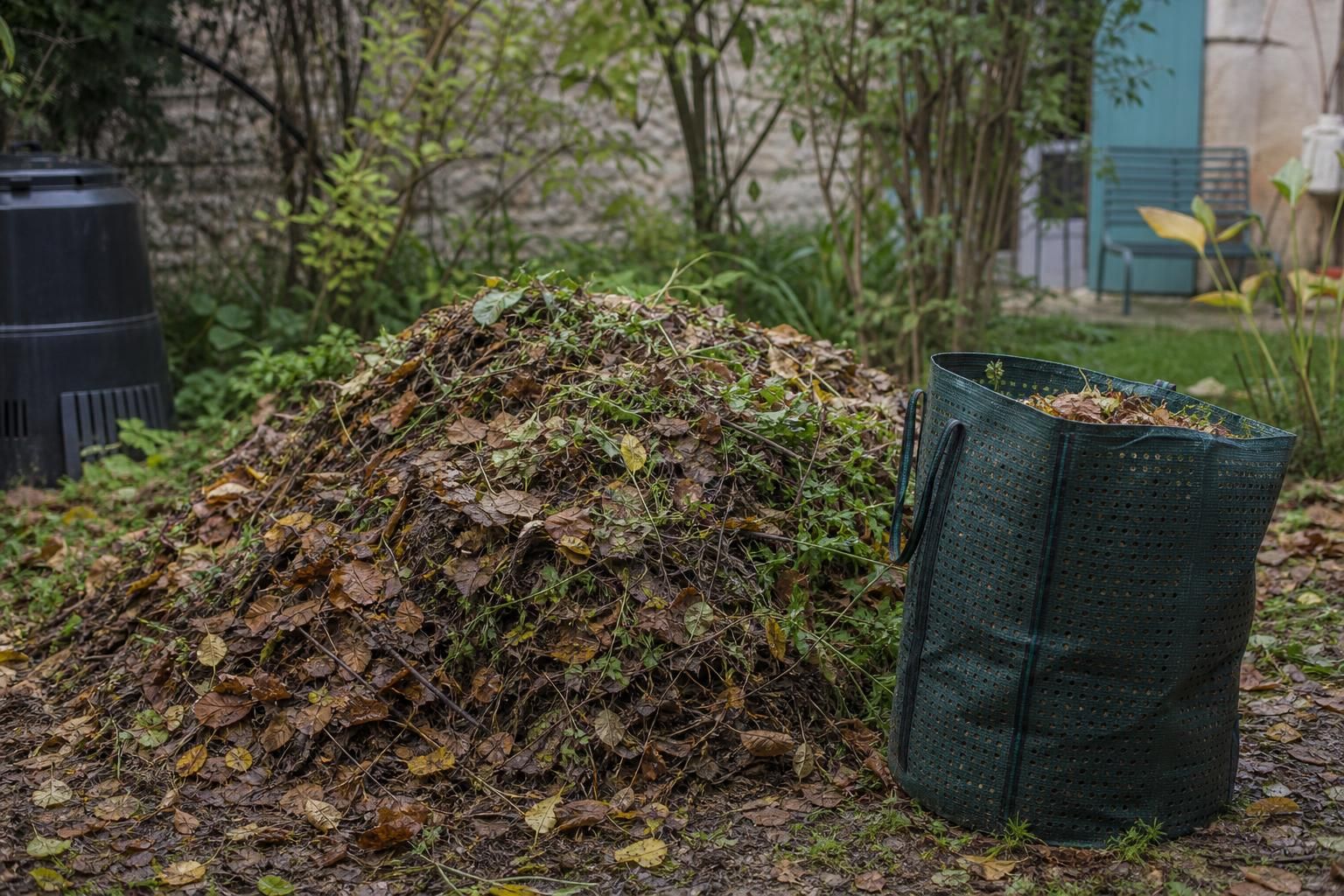 Tas de feuilles brunes mélangées au compost près d’un bac ajouré