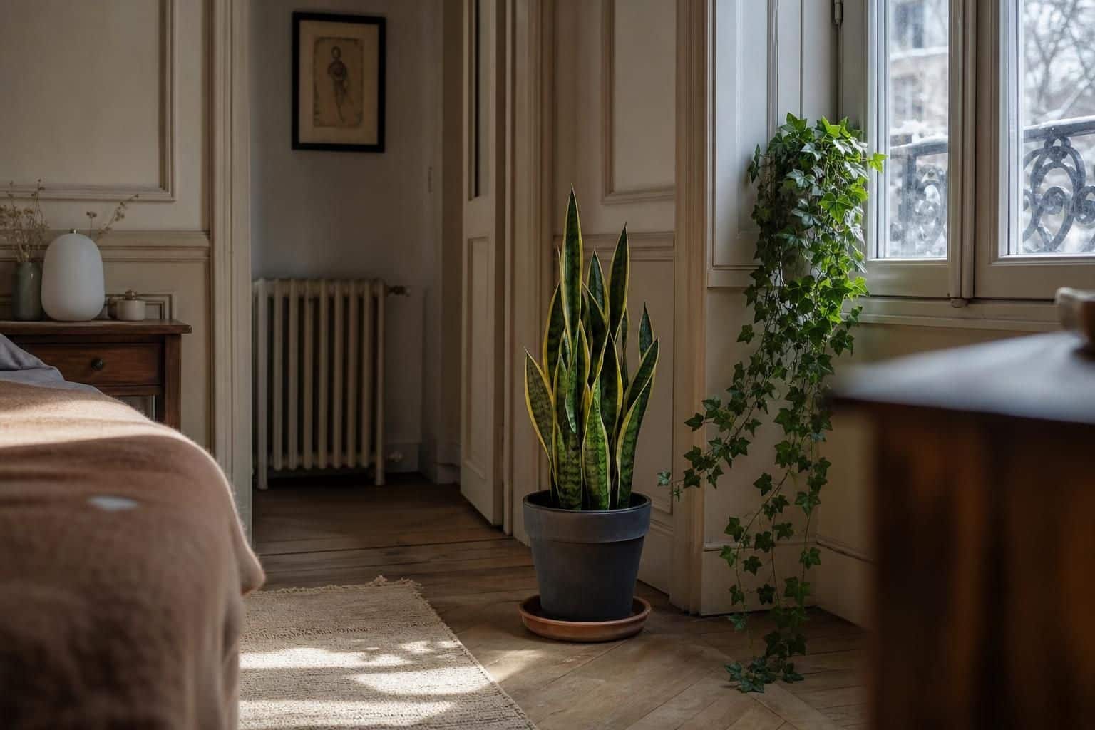Sansevieria et lierre placés près d’une fenêtre dans une chambre fraîche