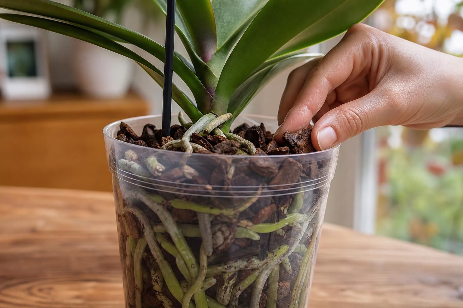 Racines d’orchidée visibles dans un pot transparent sur une table claire