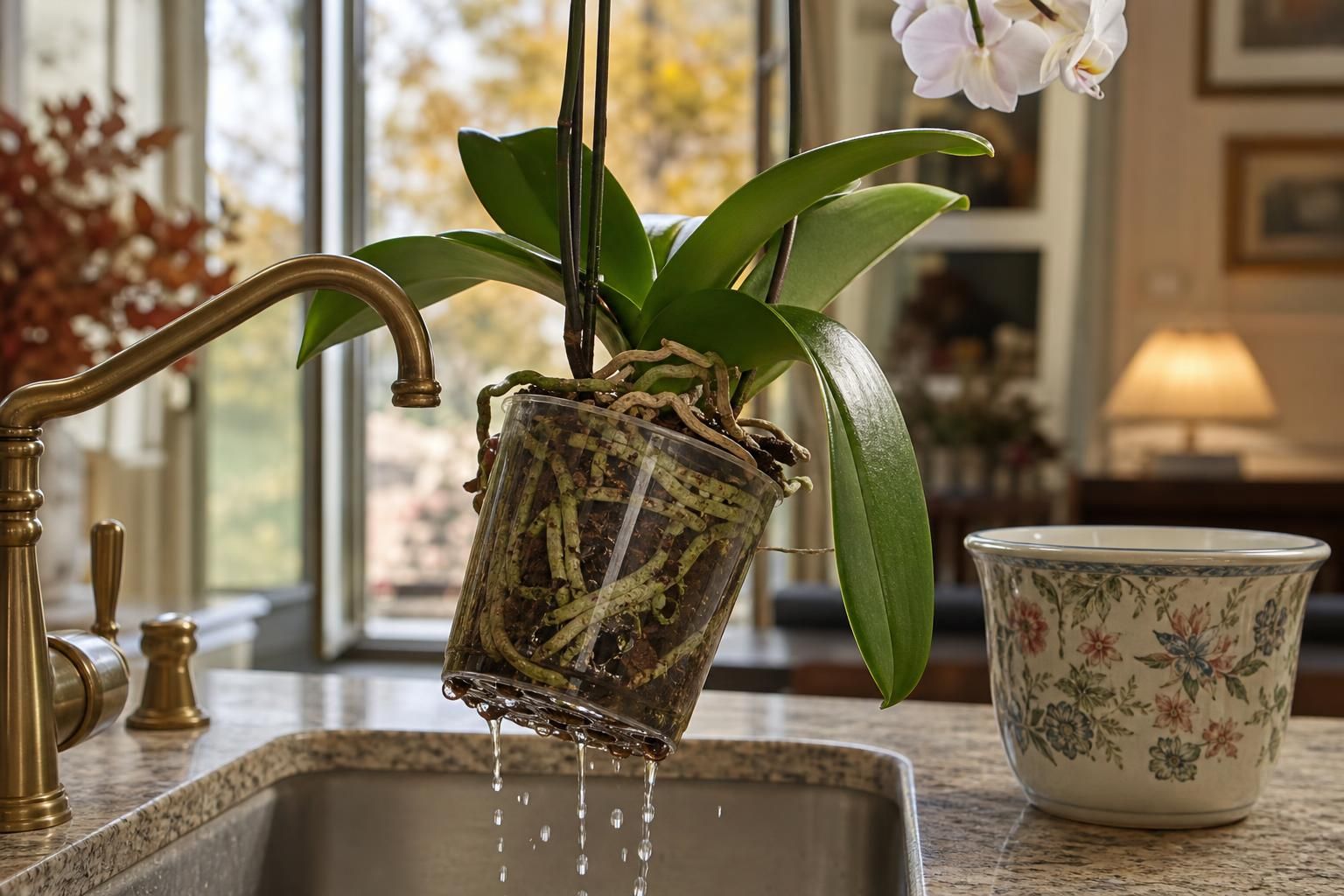 Pot d’orchidée égoutté au-dessus d’un évier avec cache-pot à côté