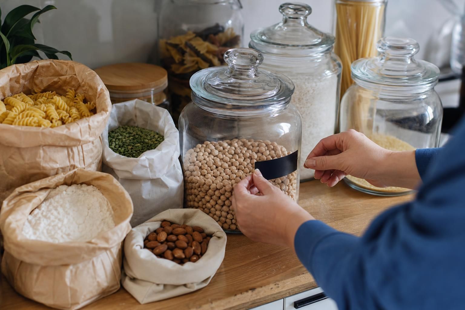 Paquets de pâtes, riz et farine regroupés avant transfert en bocaux