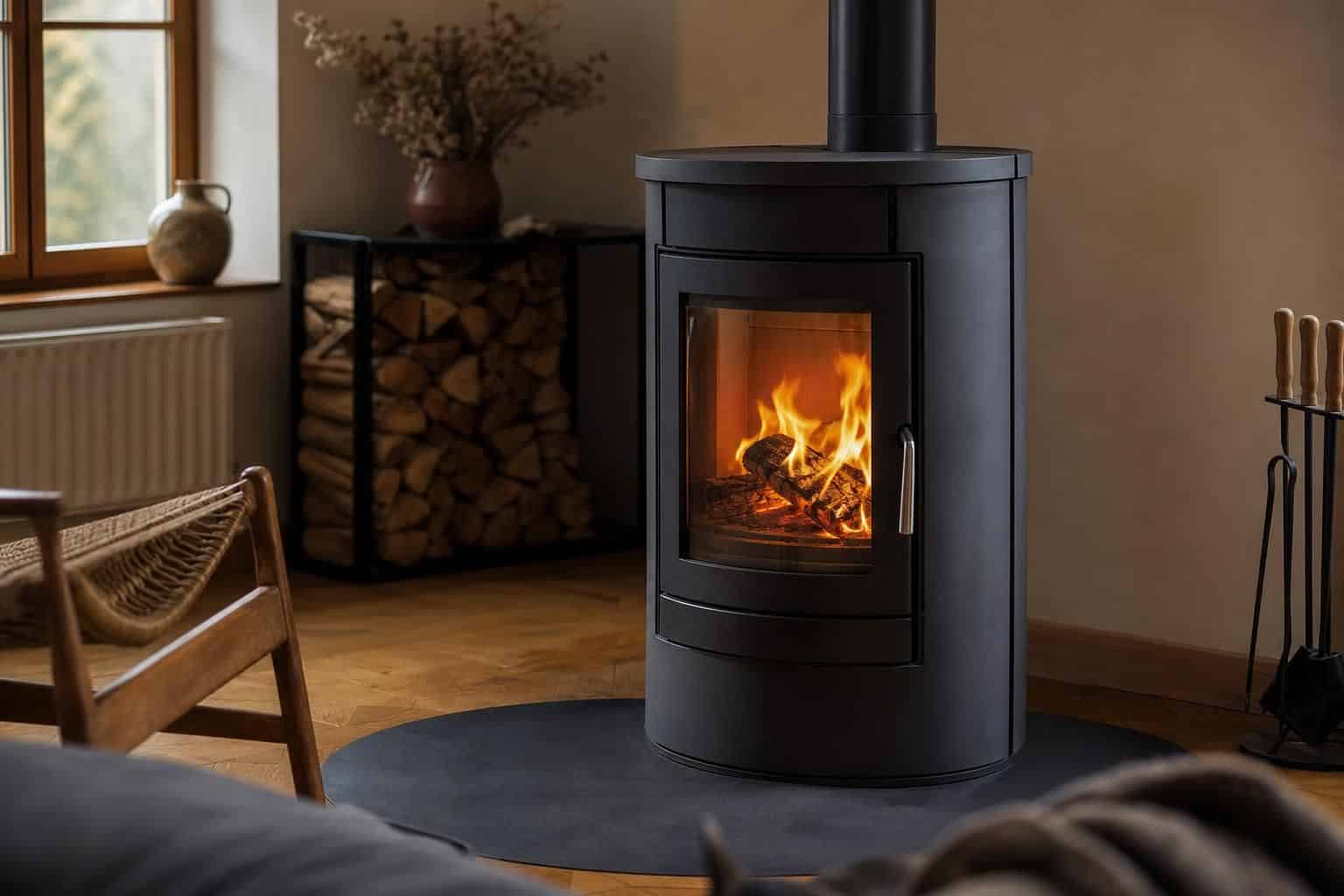 Poêle en fonctionnement avec vitre peu encrassée et flammes régulières