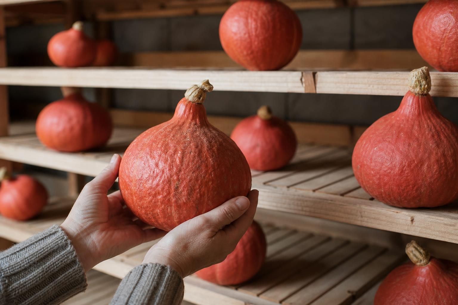 Potimarrons entiers espacés sur des étagères en bois dans un cellier