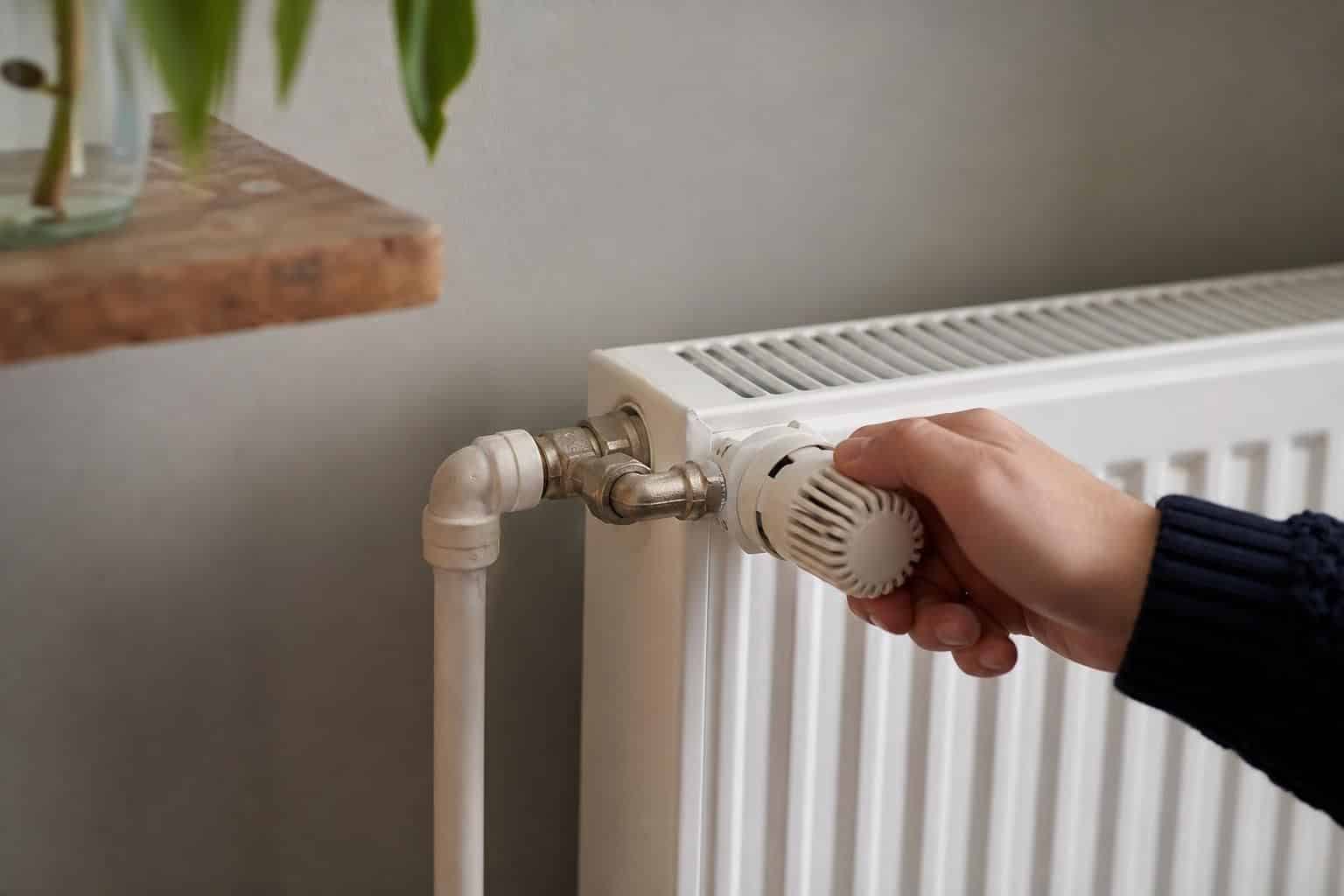 Main tournant la tête thermostatique d’un radiateur blanc dans un salon