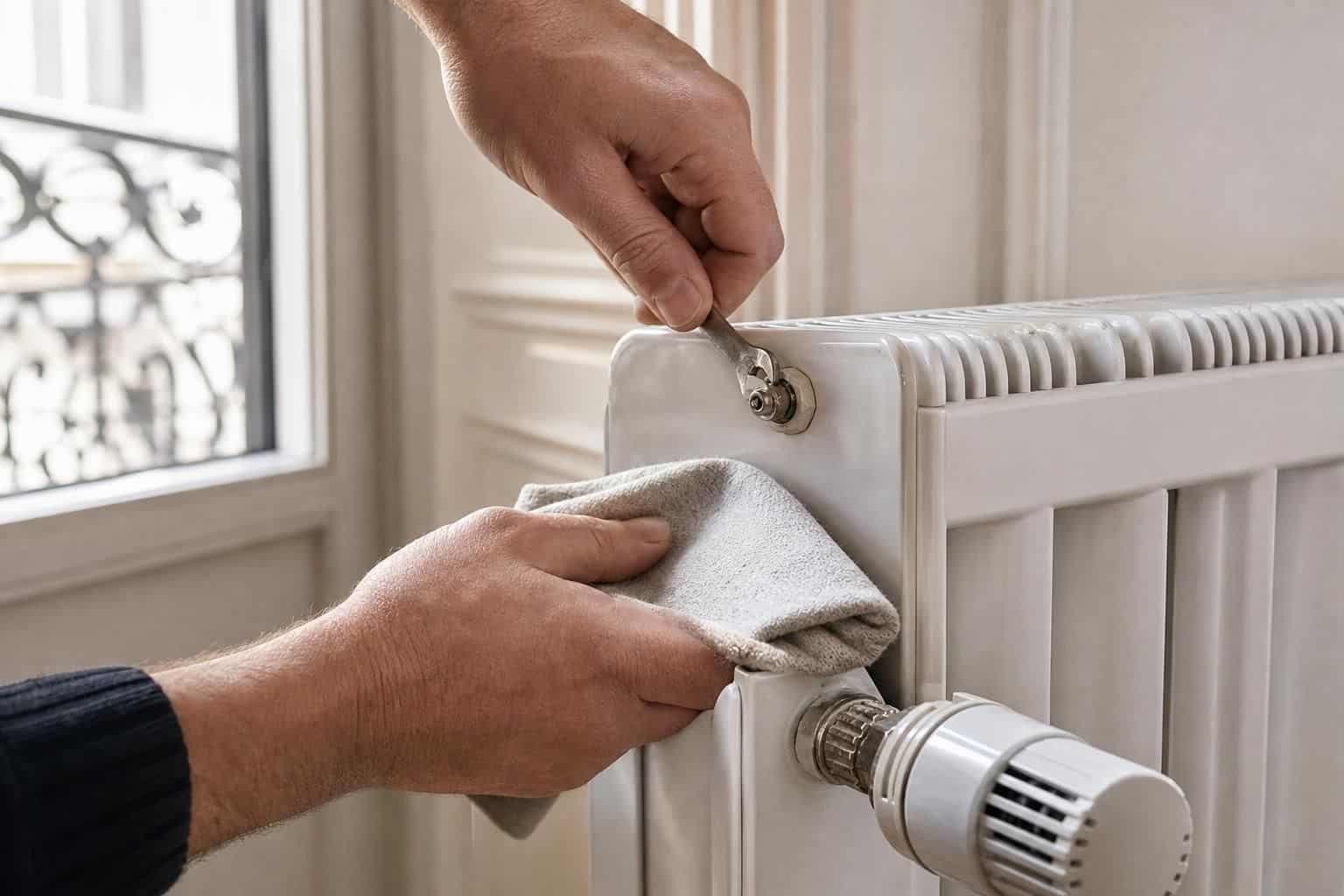 Vis de purge en haut d’un radiateur à eau près d’un chiffon