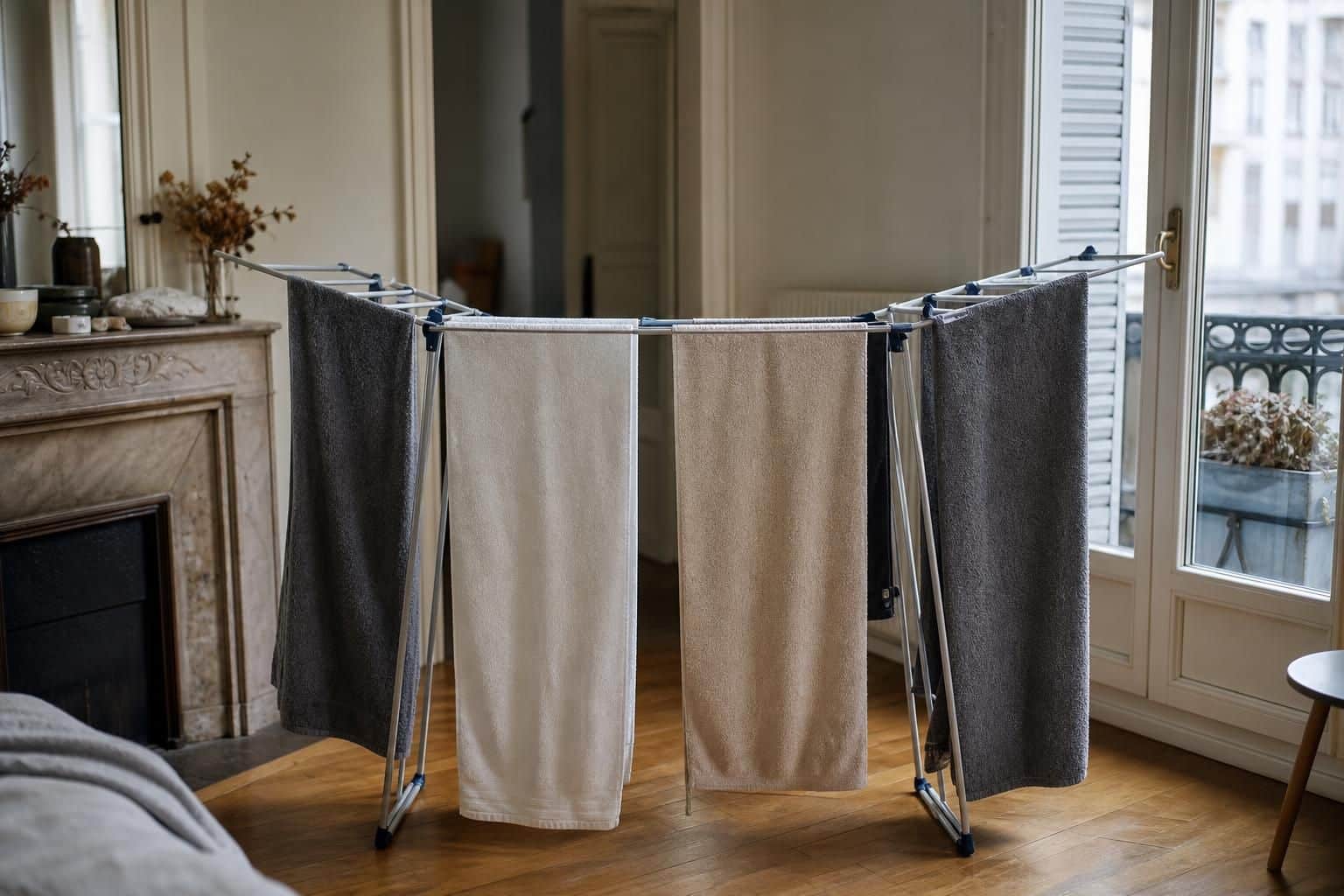 Serviettes de bain étendues sur un étendoir dans une pièce lumineuse