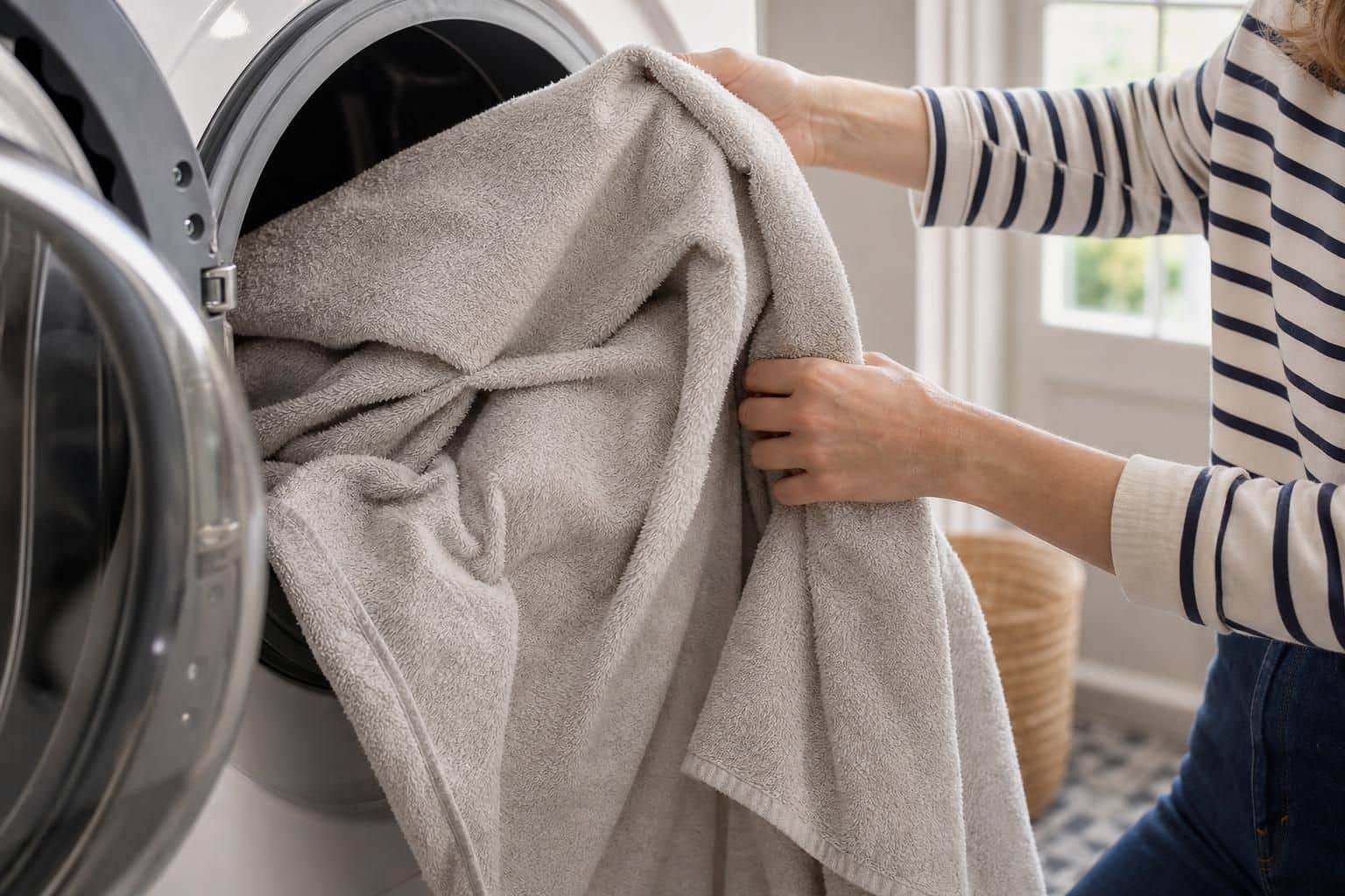 Main secouant une serviette épaisse devant le tambour du lave-linge