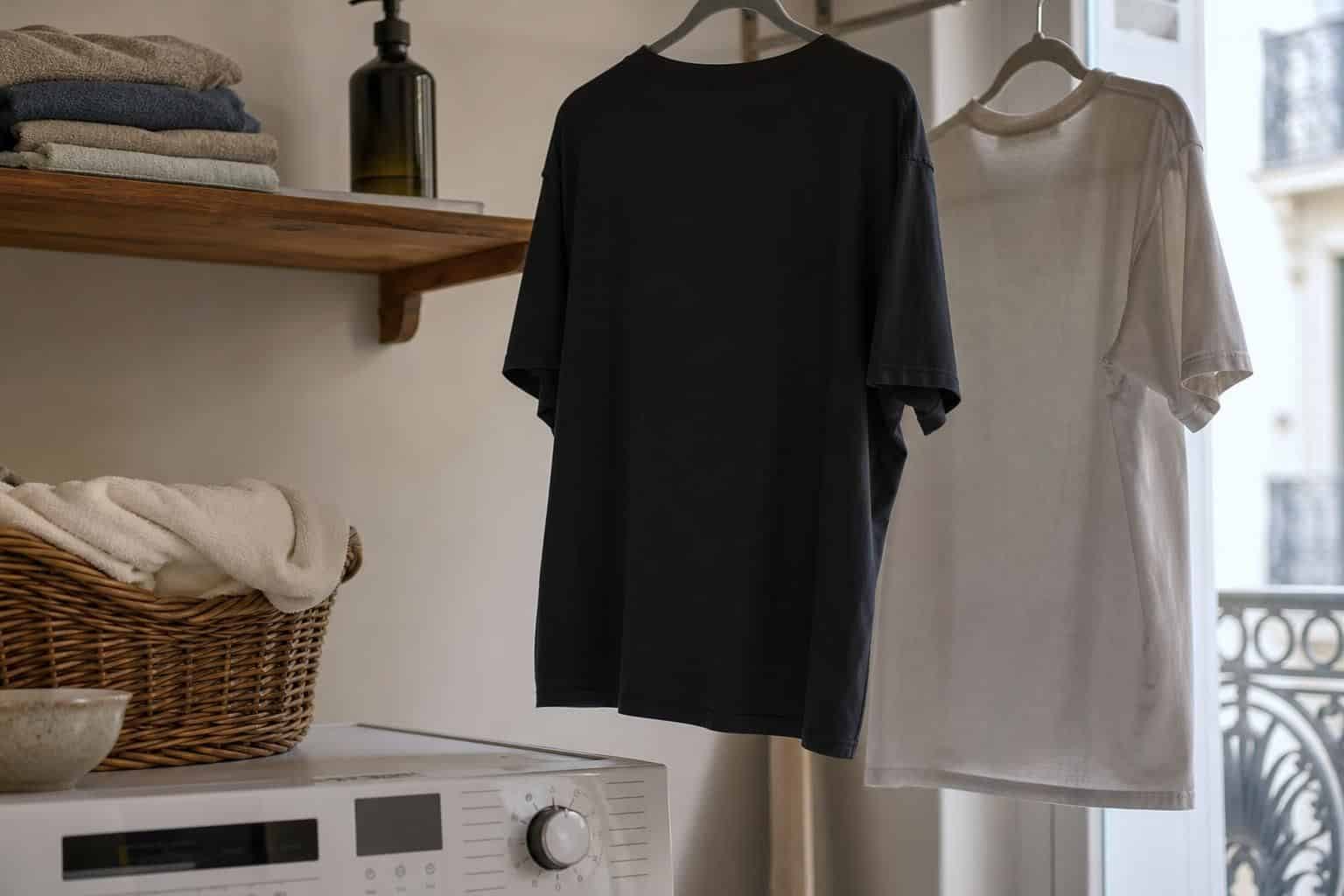 Tee-shirt foncé et haut clair qui sèchent près d’une machine à laver
